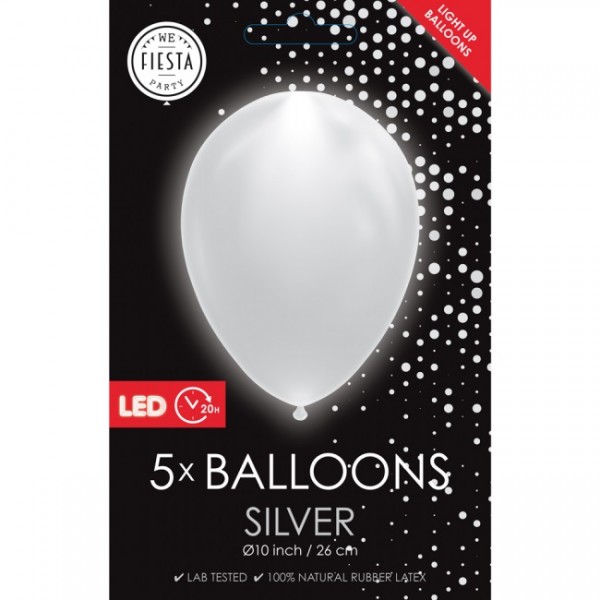 Latexballon, mit LED Licht, metallic silber, ca. 26 cm, Packung zu 5 Stück, (unaufgeblasen)