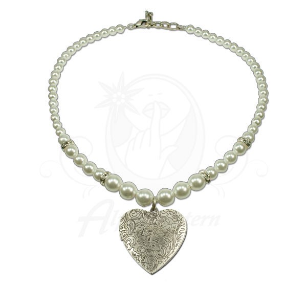Perlen-Halskette Amulettherz, cremeweiss