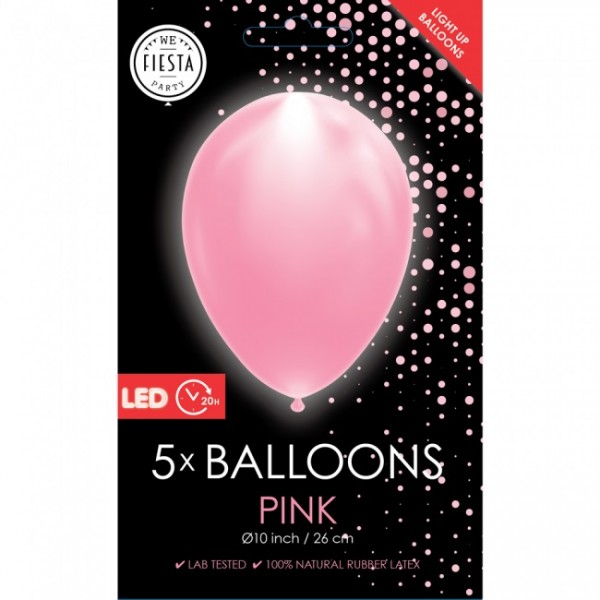 Latexballon, mit LED Licht, pink, ca. 26 cm, Packung zu 5 Stück, (unaufgeblasen)