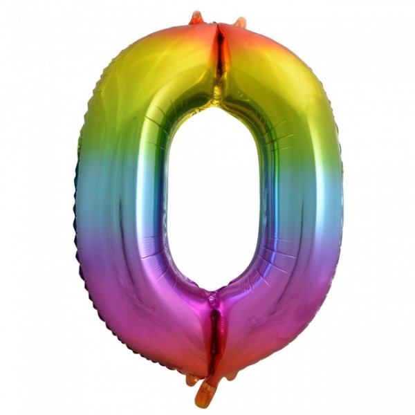 Folienballon Nummer 0, Regenbogen, ca 86cm, (unaufgeblasen)