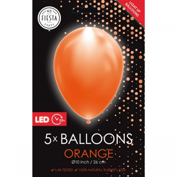 Latexballon, mit LED Licht, orange, ca. 26 cm, Packung zu 5 Stück, (unaufgeblasen)
