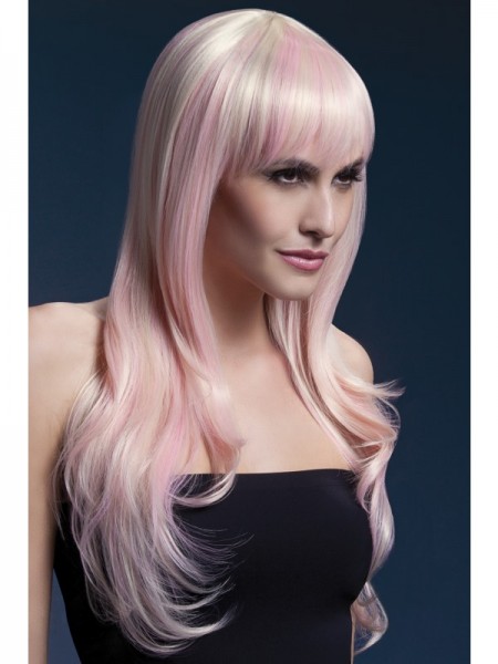 Damenperücke lang Sienna, blond mit rosa Strähnen