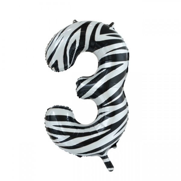 Folienballon Nummer 3, Zebra, ca 86cm, (unaufgeblasen)