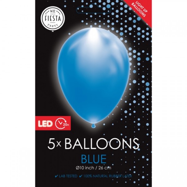 Latexballon, mit LED Licht, blau, ca. 26 cm, Packung zu 5 Stück, (unaufgeblasen)