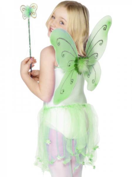 Kinder Schmetterlingsflügel oder Feenflügel mit Zauberstab, hellgrün, 3 bis 10 Jahre