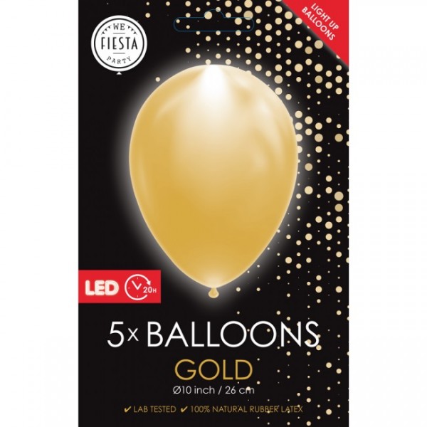 Latexballon, mit LED Licht, metallic gold, ca. 26 cm, Packung zu 5 Stück, (unaufgeblasen)