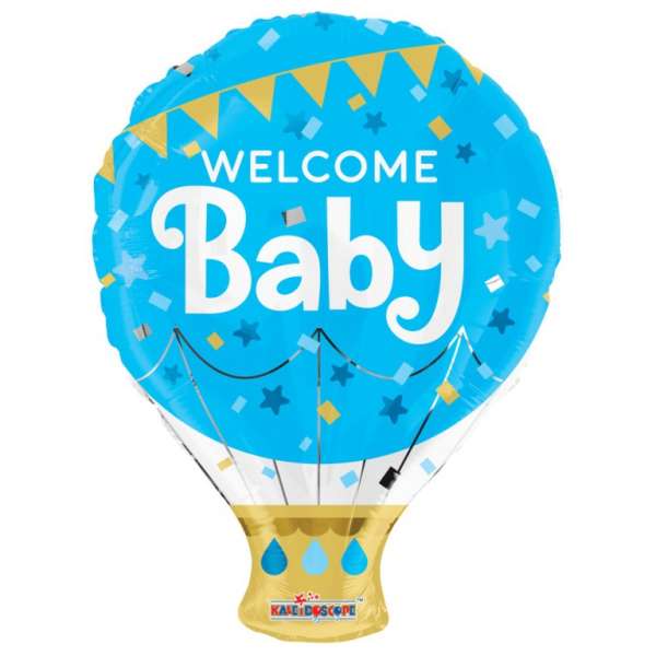Folienballon Welcome Baby Heissluftballon, blau, ca. 46 cm, (unaufgeblasen)