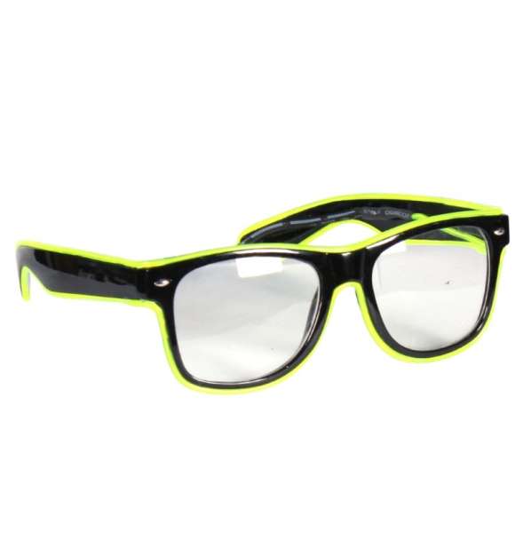 Brille schwarz mit Gläser, gelbe LED-Beleuchtung