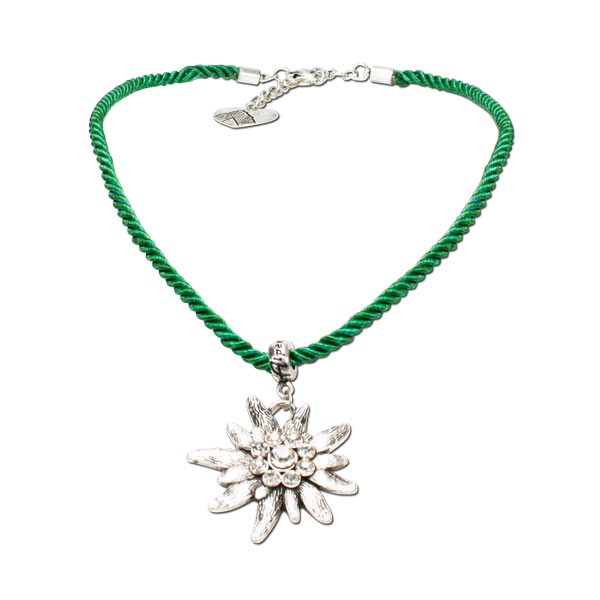 Kordel-Halskette mit Strass-Edelweiss, grün