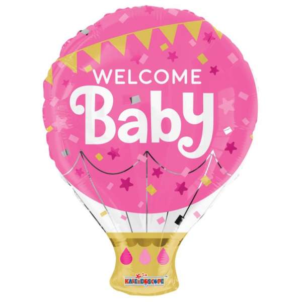 Folienballon Welcome Baby Heissluftballon, pink, ca. 46 cm, (unaufgeblasen)
