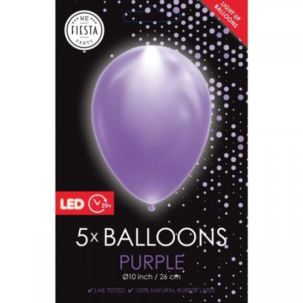 Latexballon, mit LED Licht, lila, ca. 26 cm, Packung zu 5 Stück, (unaufgeblasen)