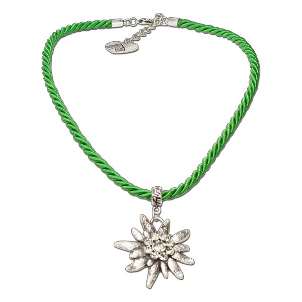 Kordel-Halskette mit Strass-Edelweiss, hellgrün