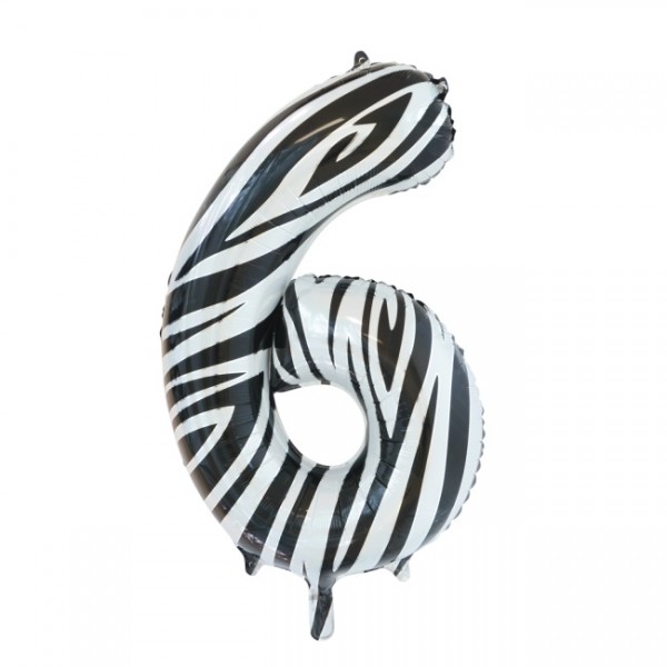 Folienballon Nummer 6, Zebra, ca 86cm, (unaufgeblasen)