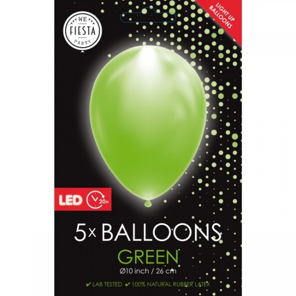 Latexballon, mit LED Licht, grün, ca. 26 cm, Packung zu 5 Stück, (unaufgeblasen)