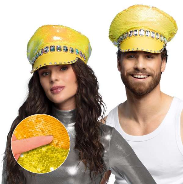 Pailletten Mütze, perlmutt/gelb