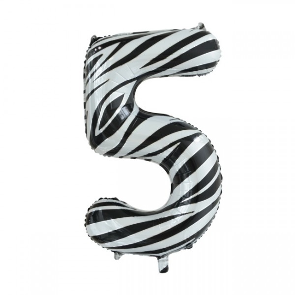 Folienballon Nummer 5, Zebra, ca 86cm, (unaufgeblasen)