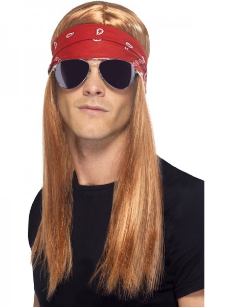 90er Rocker Perücke, kupferrot, mit Kopfband und Brille