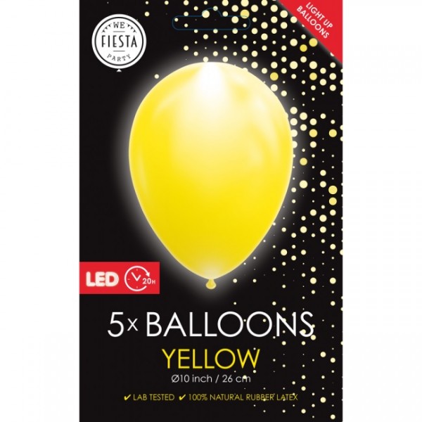 Latexballon, mit LED Licht, gelb, ca. 26 cm, Packung zu 5 Stück, (unaufgeblasen)