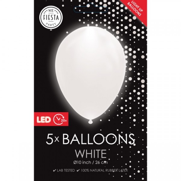 Latexballon, mit LED Licht, weiss, ca. 26 cm, Packung zu 5 Stück, (unaufgeblasen)