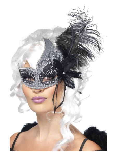 Venezianische Maske, Dark Angel schwarz/silber, mit Federn