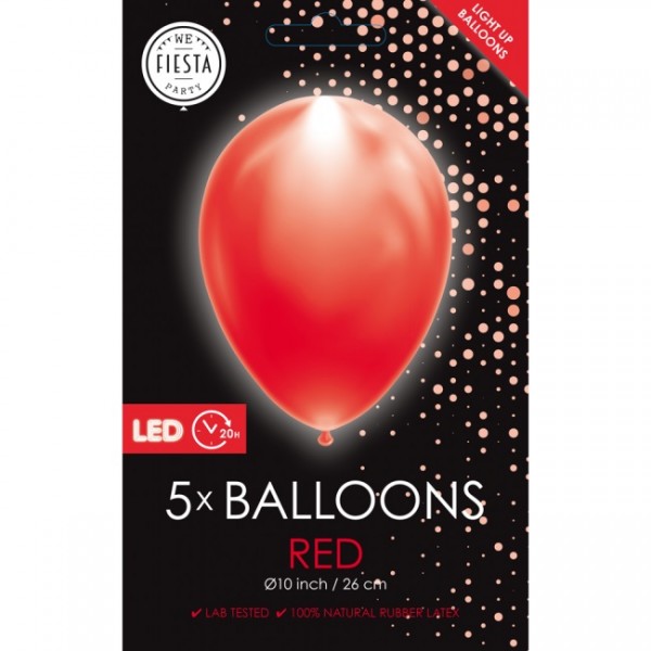 Latexballon, mit LED Licht, rot, ca. 26 cm, Packung zu 5 Stück, (unaufgeblasen)