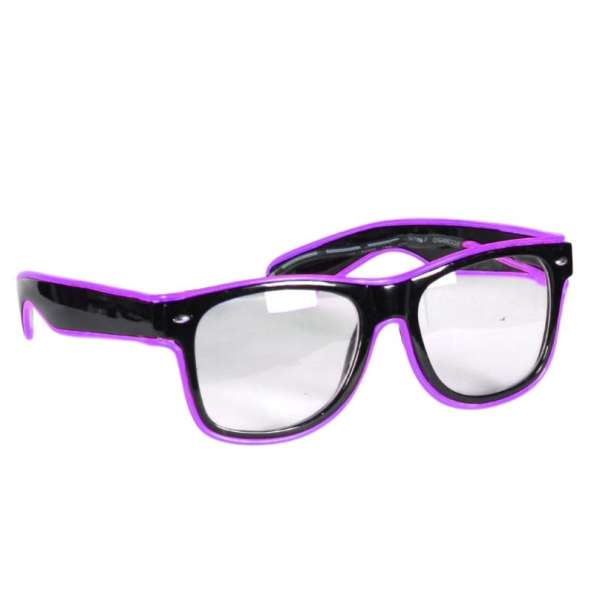 Brille schwarz mit Gläser, lila LED-Beleuchtung