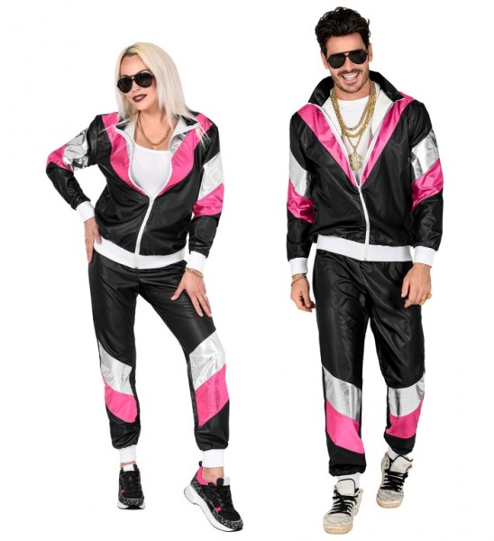 80er Lederlook Trainingsanzug schwarz mit pink/silber
