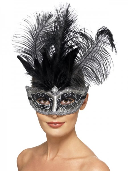 Venezianische Maske, schwarz/silber, mit Federn