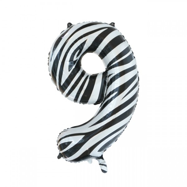 Folienballon Nummer 9, Zebra, ca 86cm, (unaufgeblasen)