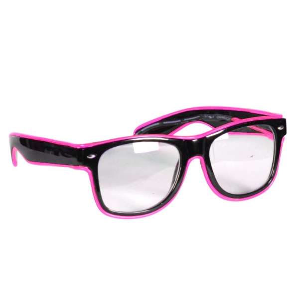 Brille schwarz mit Gläser, pinke LED-Beleuchtung